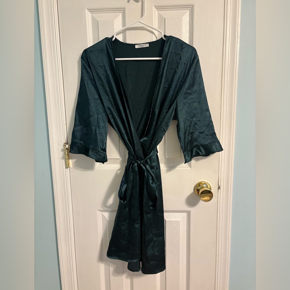 Emerald Satin Robe with Tie Belt